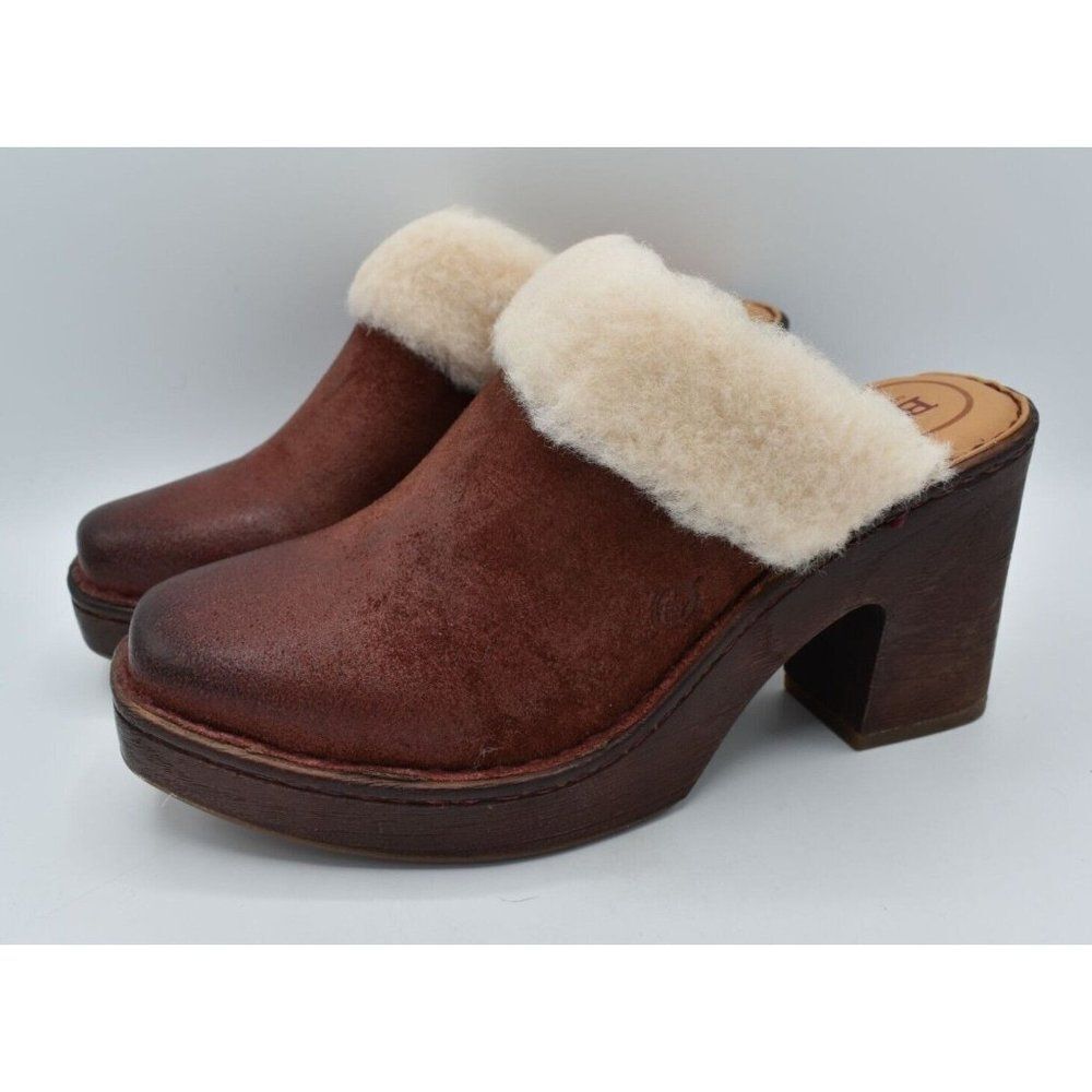 Born Womens Size 10 Hope Shearling Red Distressed Leather Heeled Open Back Clogs
